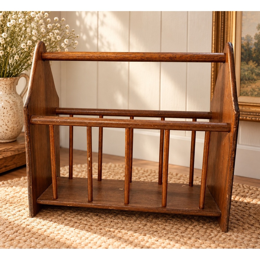 MCM Vintage Wood Magazine Rack Spindle Floor Holder Carry Handle Brown 14in